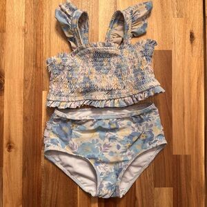 RuffleButts Girls Blue Floral Smocked Ruffle Two Piece Swimsuit Size 6